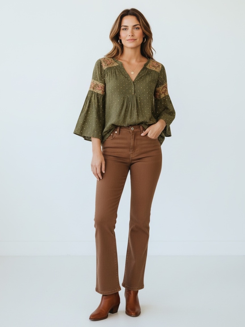 Chico's Olive V-Neck Tunic with Subtle Dot Detail